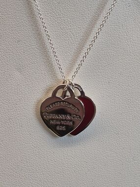 Tiffany & Co. Sterling Heart Tag Double Pendant, Red & Silver NEW In BOX